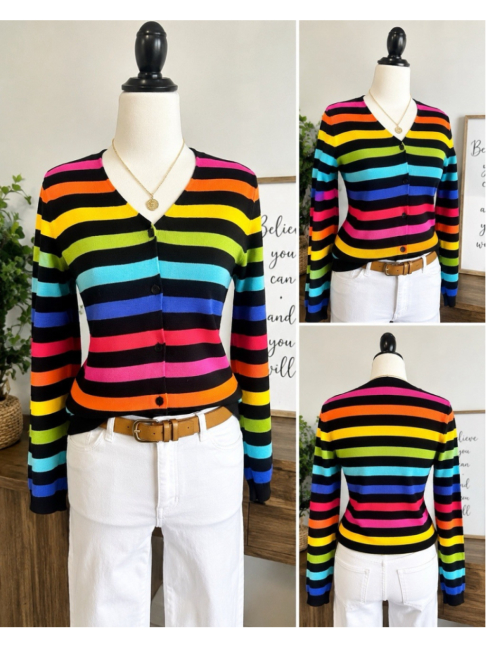 Sharon Young Rainbow Stripe Cardigan Sweater M 100% Cotton Y2K Colorful - Picture 2 of 3